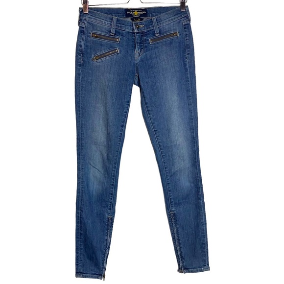 Lucky Brand Meadowood Moto Jeans Low Rise Skinny Zipper Detail Blue 0 25 - Picture 1 of 16